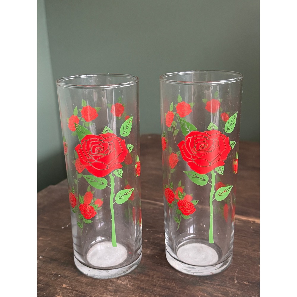 Pair of Anchor Hocking Red Trailing Roses Highball Glasses Tumblers NOS